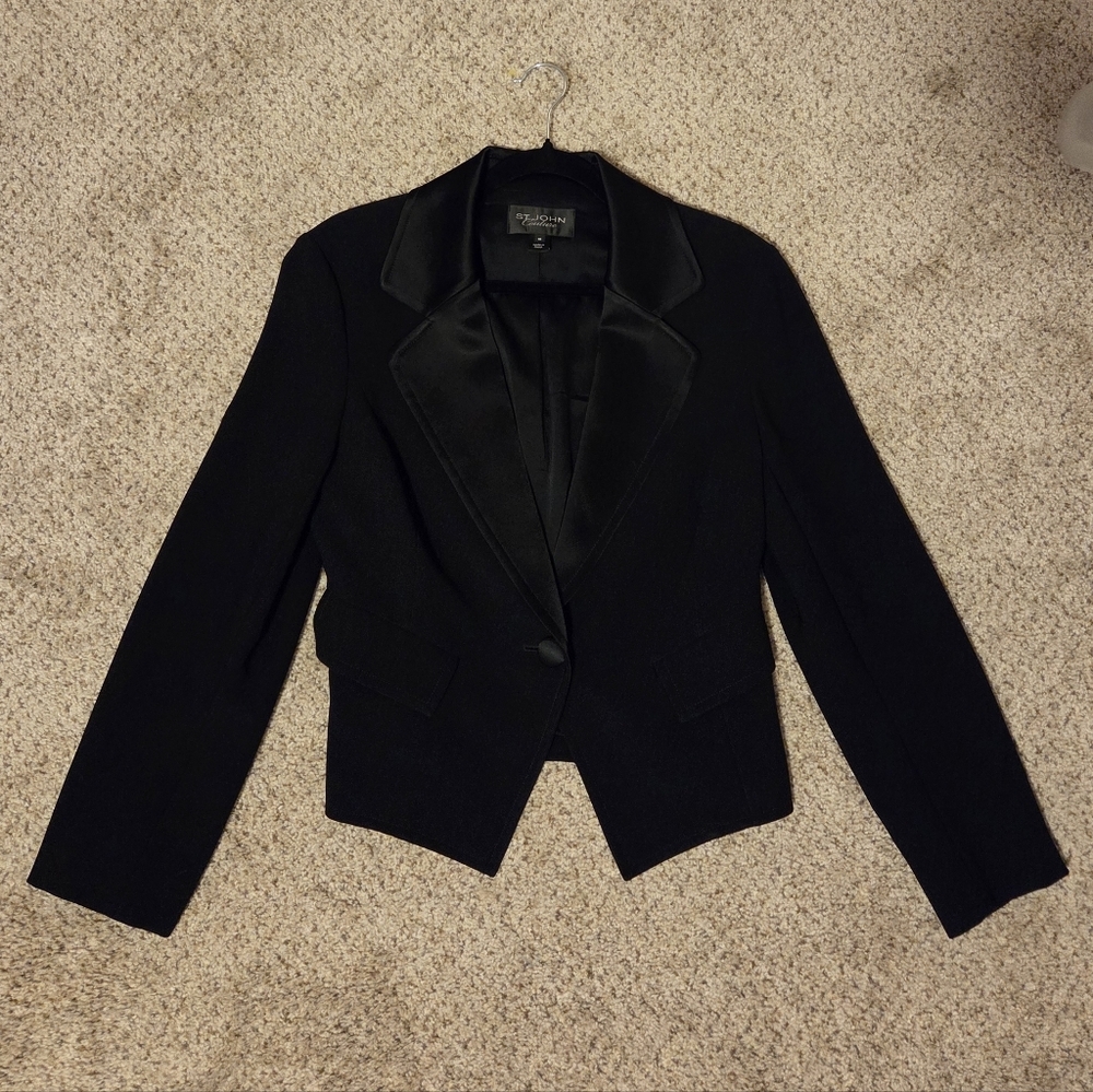 St John Couture Black Tuxedo Evening Formal Blazer Jacket Women's 10 Silk Lining - Picture 2 of 9
